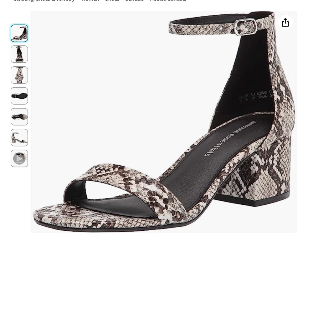 Amazon Essentials Women's Two Strap Heeled Sandal Snakeskin NIB